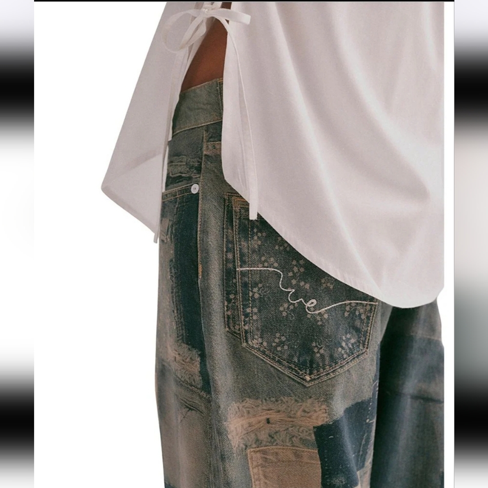 Free People Illusions Patchwork Printed Jeans Barrel Leg Relaxed Indigo 27 NWT - Picture 10 of 15